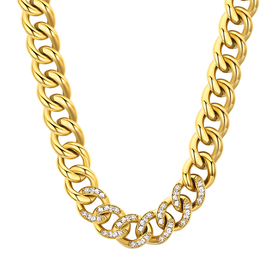 WOMEN'S STEEL CHAIN LINK NECKLACE WITH WHITE CRYSTALS