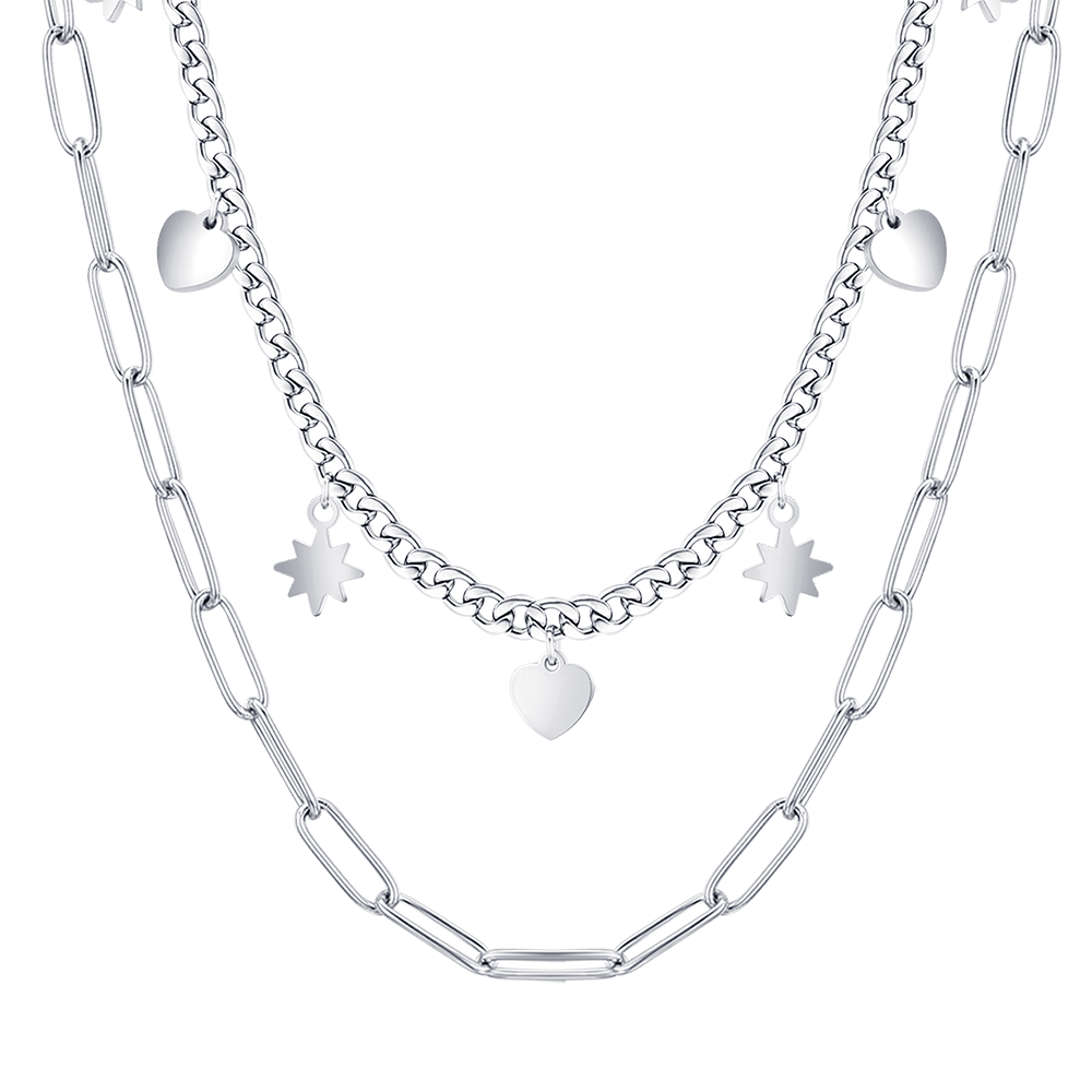 MULTI-STRAND STEEL WOMEN'S NECKLACE WITH STARS AND HEARTS