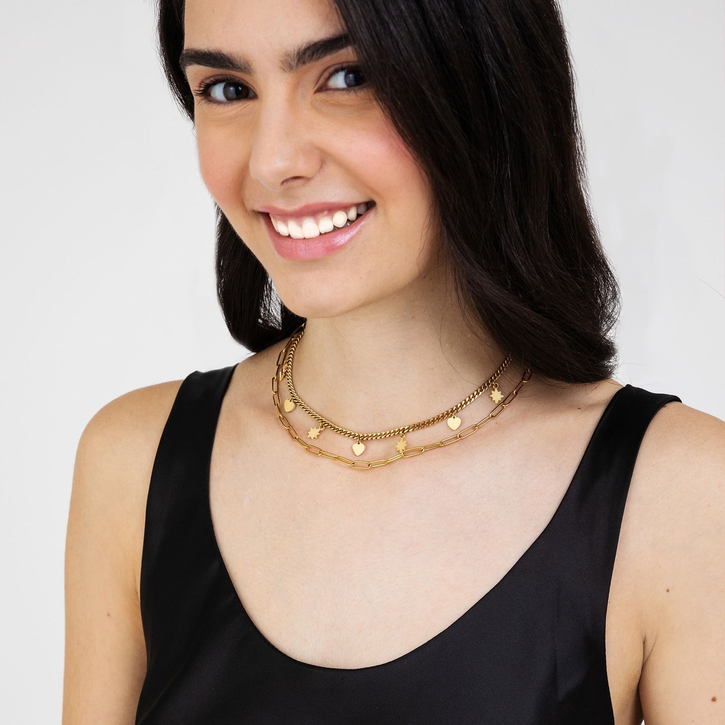 IP GOLD MULTI-STRAND STEEL WOMEN'S NECKLACE WITH STARS AND HEARTS