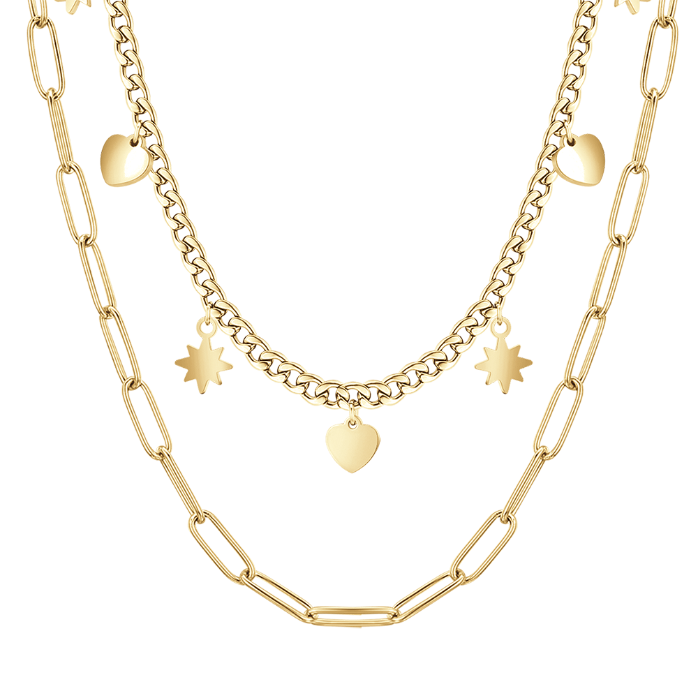 IP GOLD MULTI-STRAND STEEL WOMEN'S NECKLACE WITH STARS AND HEARTS