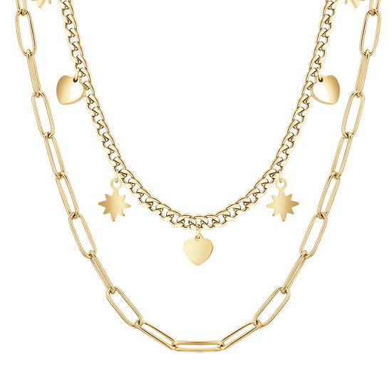 IP GOLD MULTI-STRAND STEEL WOMEN'S NECKLACE WITH STARS AND HEARTS