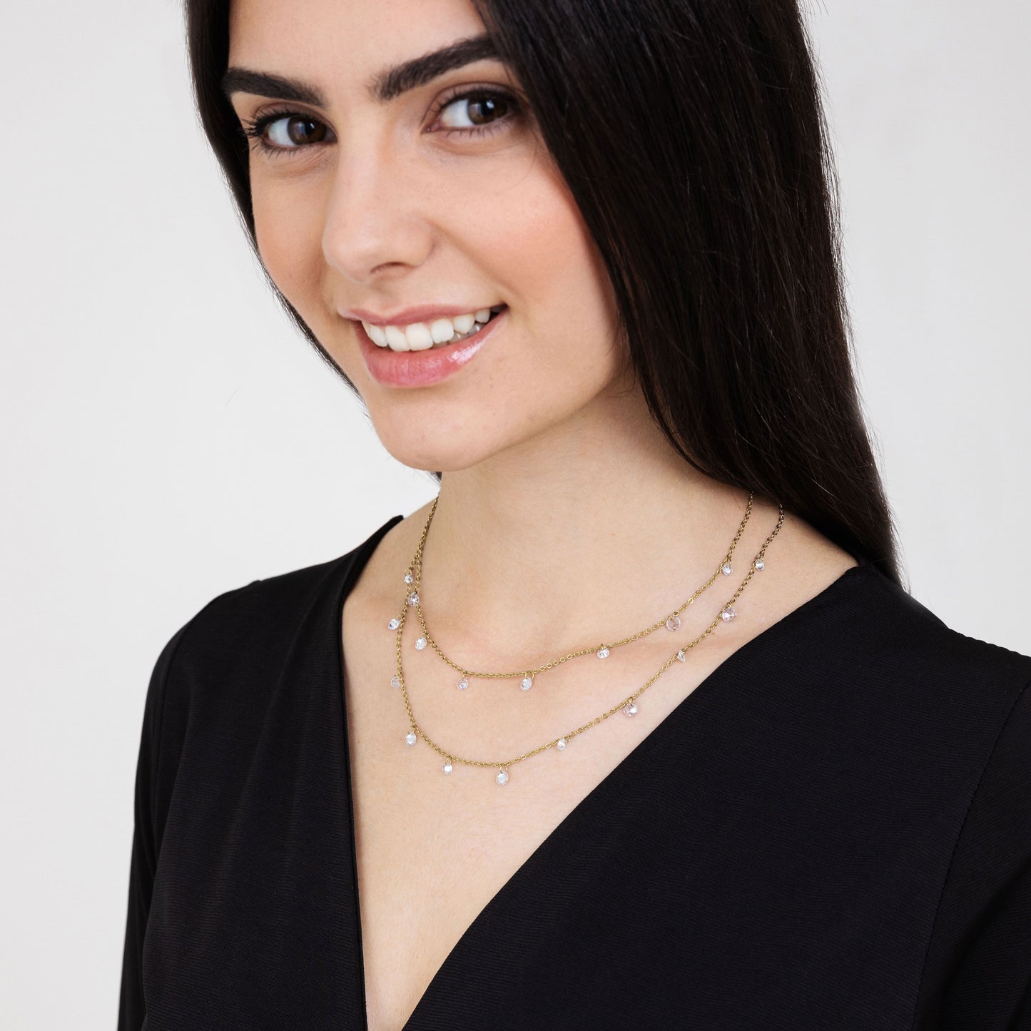 IP GOLD MULTI-STRAND STEEL WOMEN'S NECKLACE WITH WHITE CRYSTALS