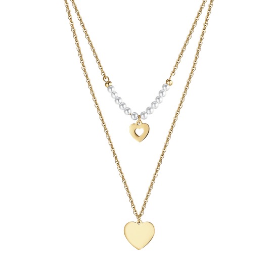 IP GOLD STEEL WOMEN'S NECKLACE WITH HEARTS AND WHITE PEARLS