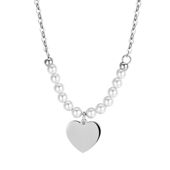 IP GOLD STEEL WOMEN'S NECKLACE WITH HEART AND WHITE PEARLS