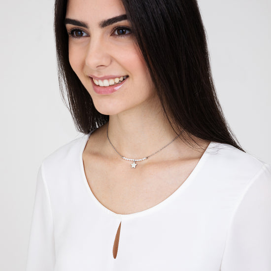 IP GOLD STEEL WOMEN'S NECKLACE WITH STAR AND WHITE PEARLS