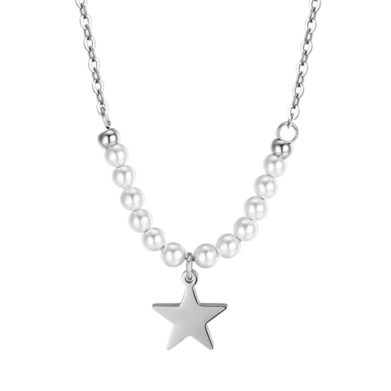 IP GOLD STEEL WOMEN'S NECKLACE WITH STAR AND WHITE PEARLS