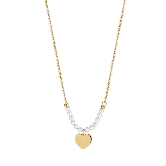IP GOLD STEEL WOMEN'S NECKLACE WITH HEART AND WHITE PEARLS