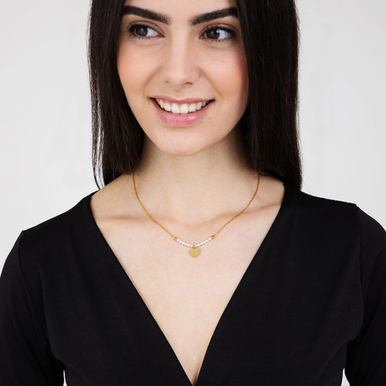 IP GOLD STEEL WOMEN'S NECKLACE WITH HEART AND WHITE PEARLS