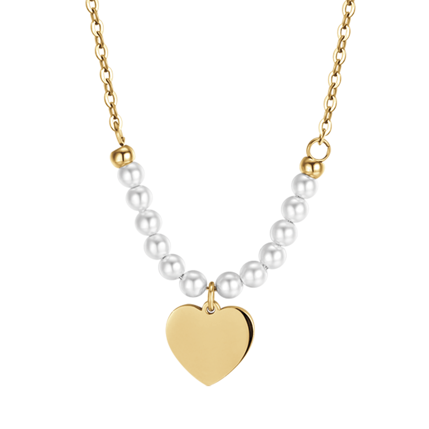 IP GOLD STEEL WOMEN'S NECKLACE WITH HEART AND WHITE PEARLS