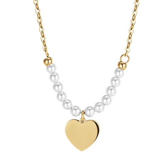IP GOLD STEEL WOMEN'S NECKLACE WITH HEART AND WHITE PEARLS