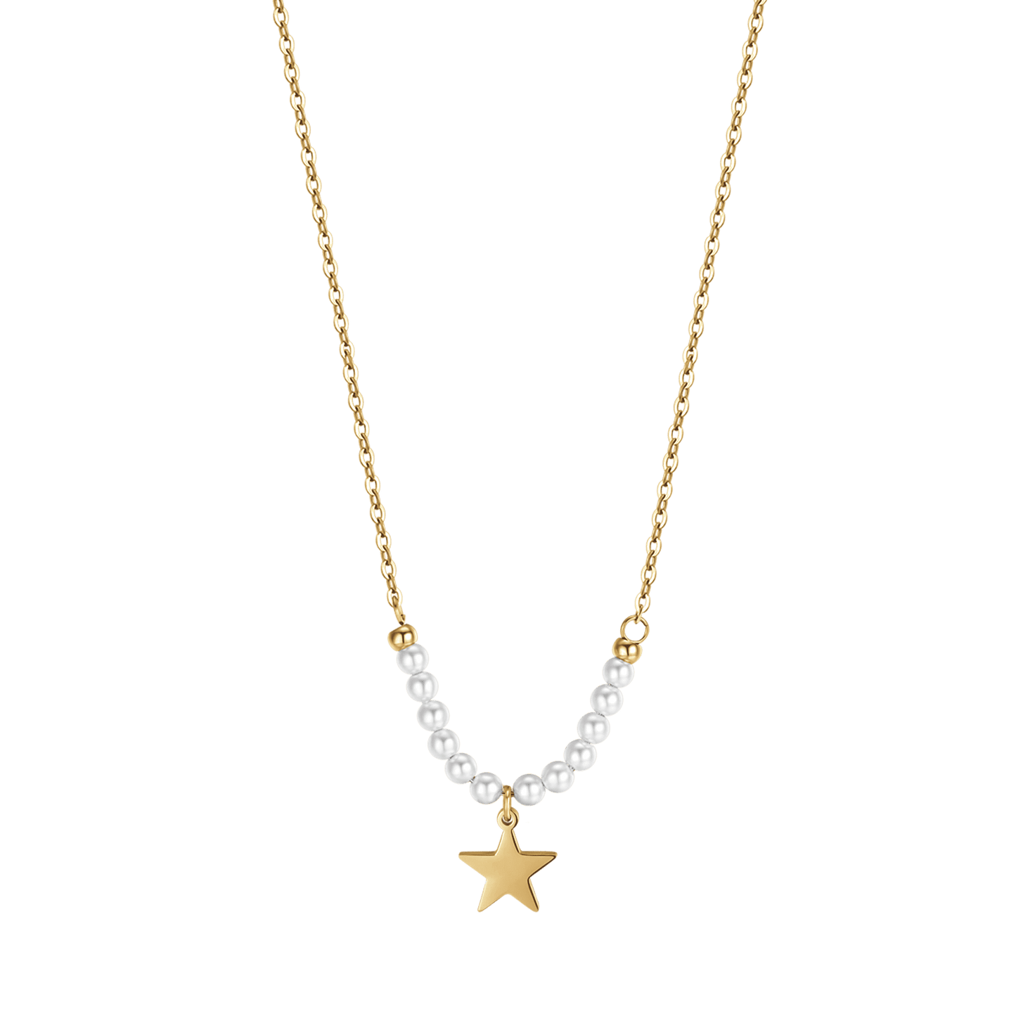 IP GOLD STEEL WOMEN'S NECKLACE WITH STAR AND WHITE PEARLS