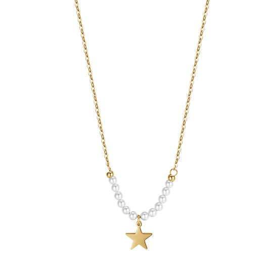 IP GOLD STEEL WOMEN'S NECKLACE WITH STAR AND WHITE PEARLS