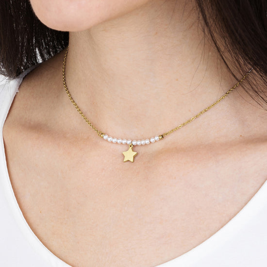IP GOLD STEEL WOMEN'S NECKLACE WITH STAR AND WHITE PEARLS