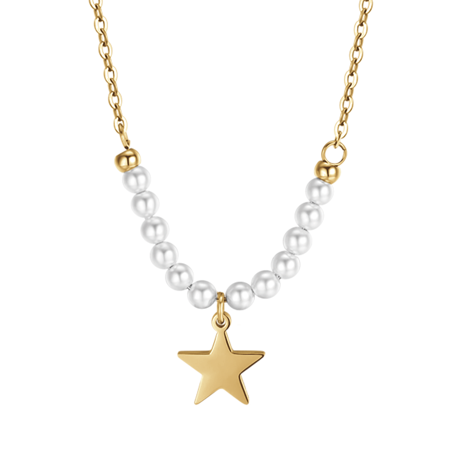 IP GOLD STEEL WOMEN'S NECKLACE WITH STAR AND WHITE PEARLS