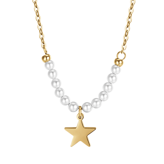 IP GOLD STEEL WOMEN'S NECKLACE WITH STAR AND WHITE PEARLS