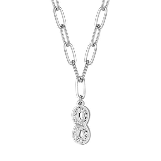 WOMEN'S STEEL NECKLACE WITH INFINITY AND WHITE CRYSTALS AND CHAIN LINK