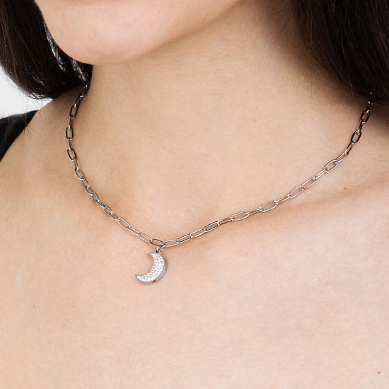 WOMAN'S NECKLACE IN STEEL WITH MOON AND WHITE CRYSTALS Luca Barra