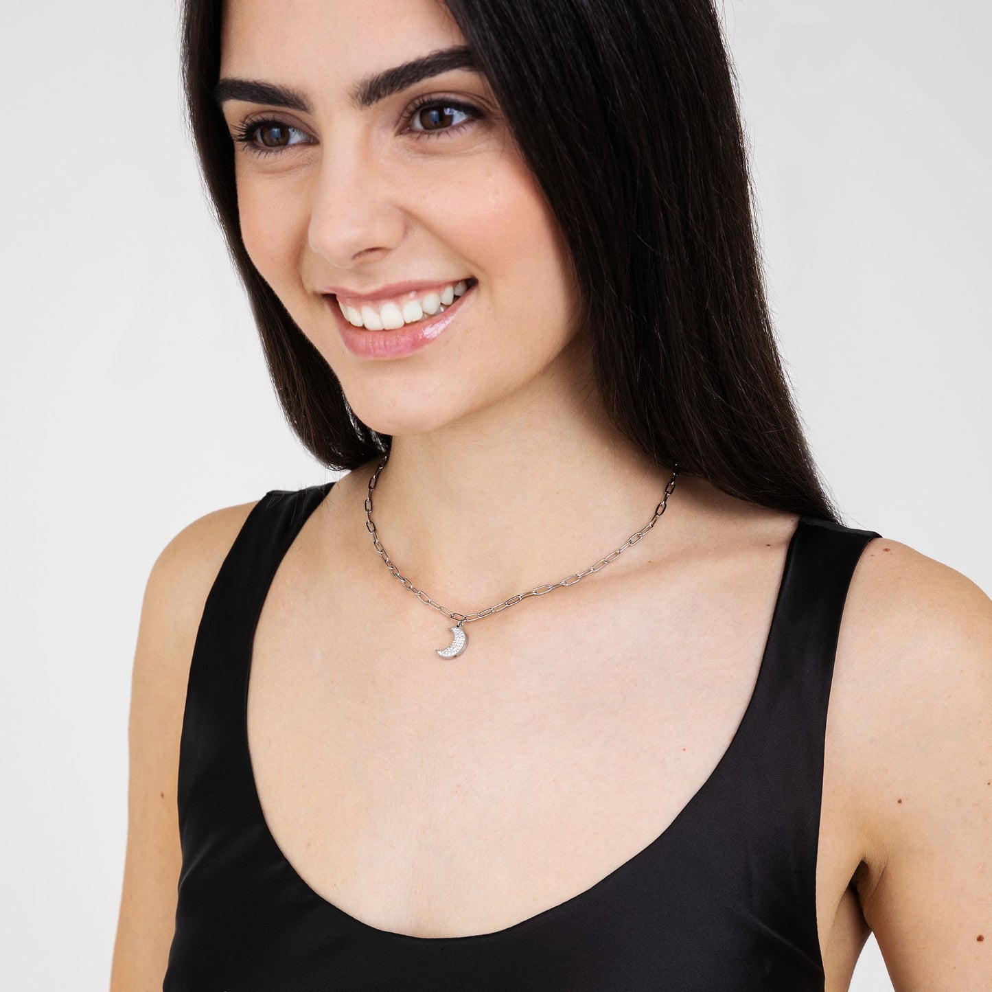 STEEL WOMEN'S NECKLACE WITH MOON AND WHITE CRYSTALS