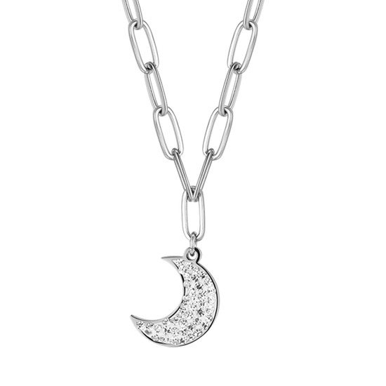 STEEL WOMEN'S NECKLACE WITH MOON AND WHITE CRYSTALS