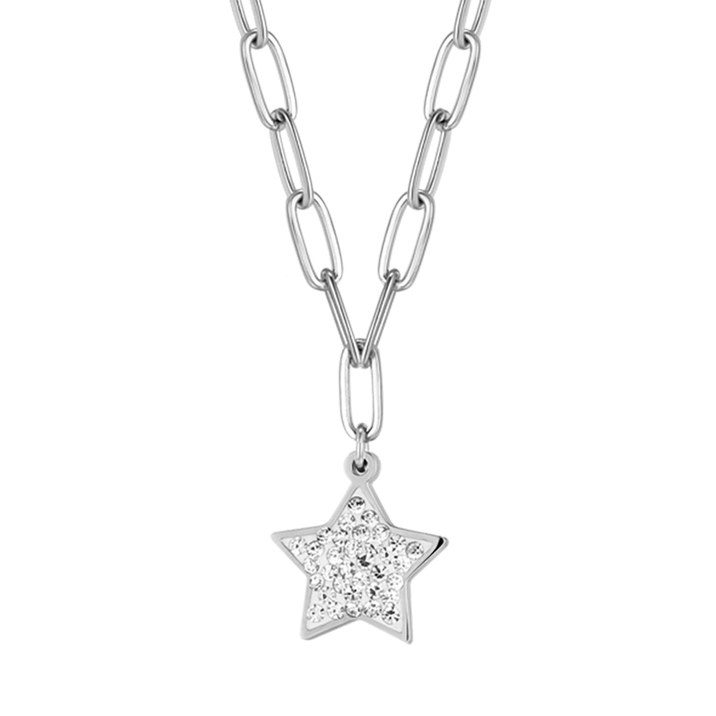 WOMEN'S STEEL NECKLACE WITH STAR AND WHITE CRYSTALS AND CHAIN LINK