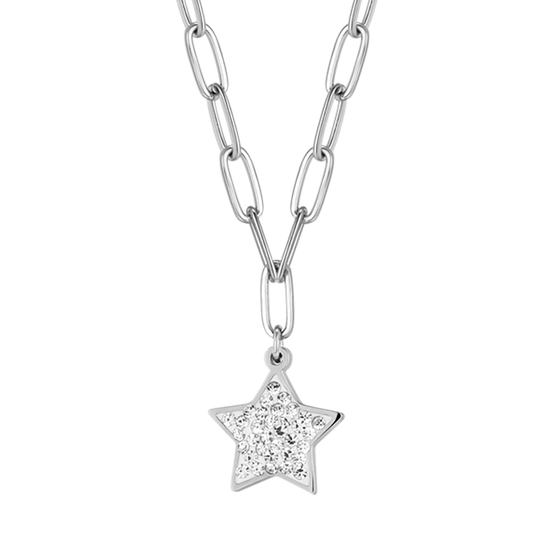 WOMEN'S STEEL NECKLACE WITH STAR AND WHITE CRYSTALS AND CHAIN LINK