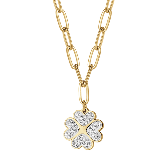 WOMAN'S NECKLACE IN IP GOLD STEEL WITH QUADRIFOGLIO AND WHITE CRYSTALS Luca Barra