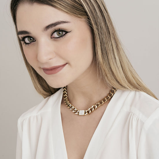 IP GOLD STEEL WOMEN'S NECKLACE WITH WHITE PENDANT CRYSTALS AND CHAIN LINK