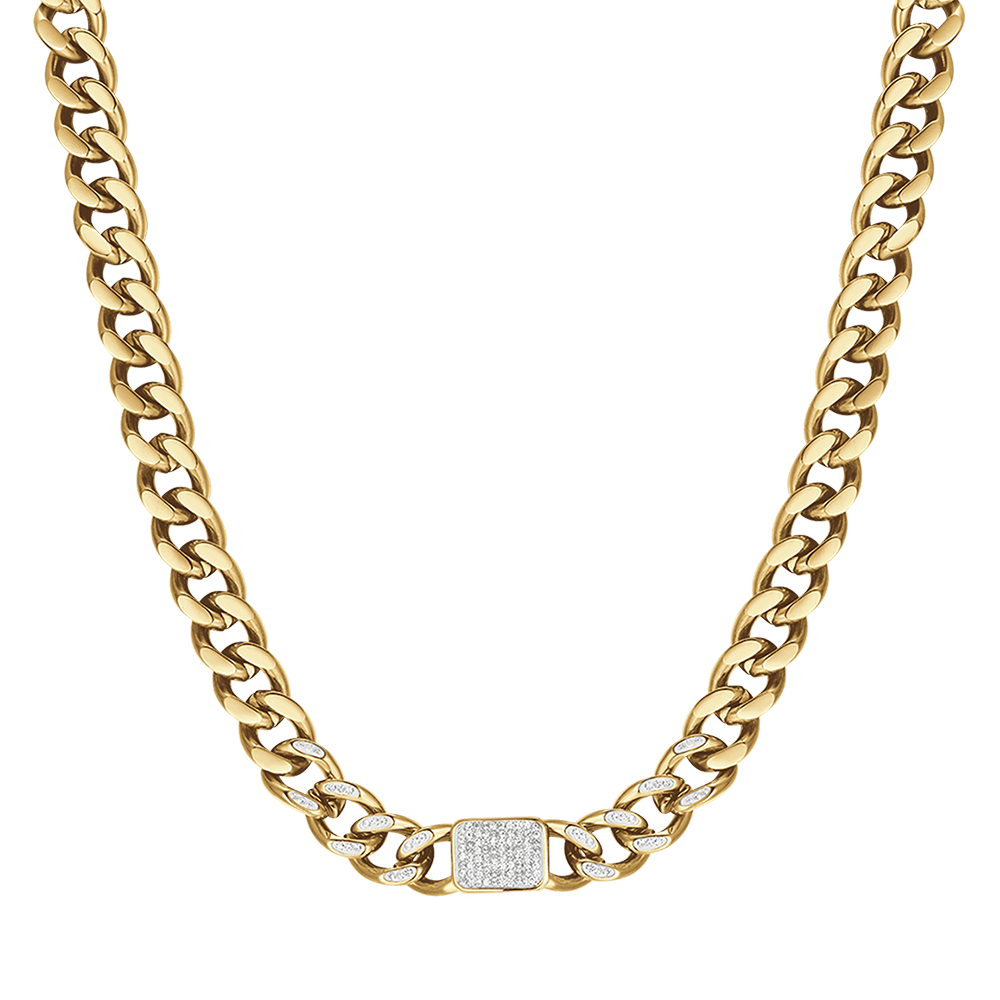 IP GOLD STEEL WOMEN'S NECKLACE WITH WHITE PENDANT CRYSTALS AND CHAIN LINK