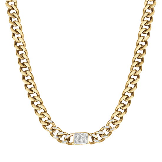 IP GOLD STEEL WOMEN'S NECKLACE WITH WHITE PENDANT CRYSTALS AND CHAIN LINK