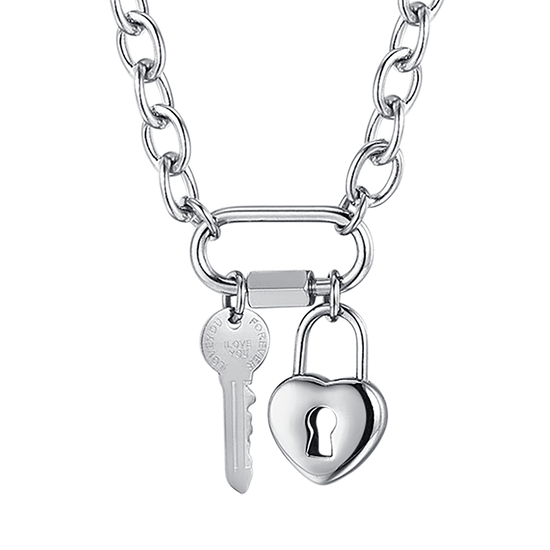 STEEL WOMEN'S NECKLACE WITH KEY AND HEART PADLOCK