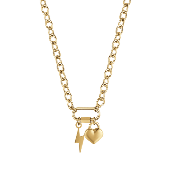 IP GOLD STEEL WOMEN'S NECKLACE WITH LIGHTNING BOLT AND HEART