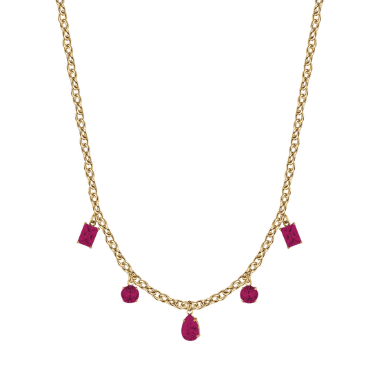 WOMEN'S IP GOLD STEEL NECKLACE WITH FUCHSIA CRYSTALS PENDANTS