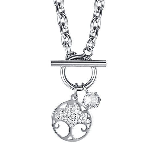 STEEL WOMEN'S TREE OF LIFE NECKLACE WITH WHITE CRYSTALS