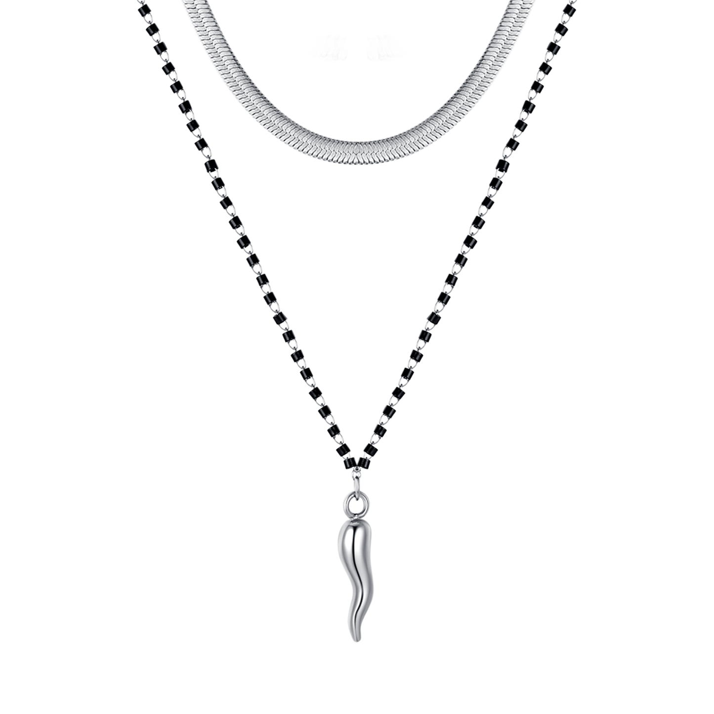 STEEL WOMEN'S NECKLACE WITH HORN AND BLACK ELEMENTS