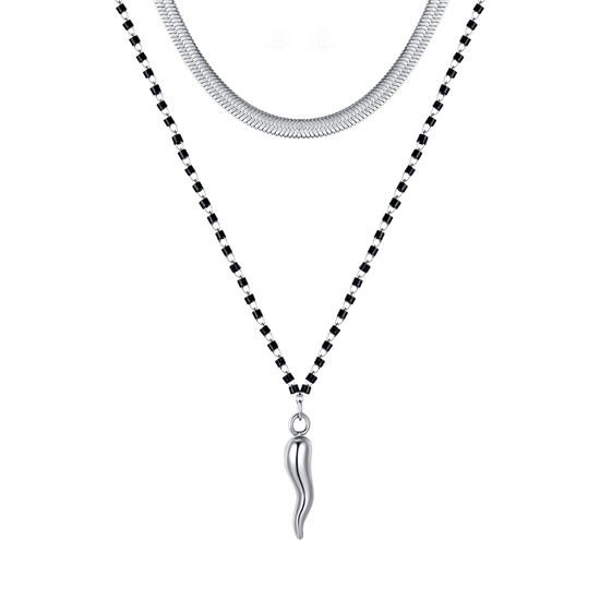 STEEL WOMEN'S NECKLACE WITH HORN AND BLACK ELEMENTS
