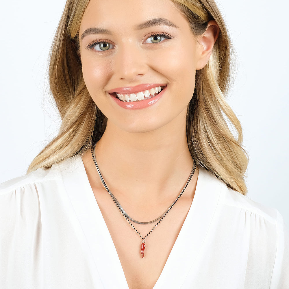 STEEL WOMEN'S HORN NECKLACE WITH RED ENAMEL AND BLACK ELEMENTS