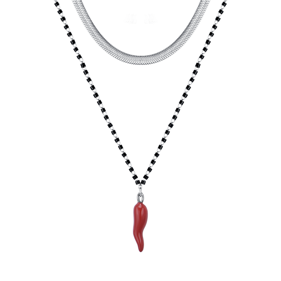 STEEL WOMEN'S HORN NECKLACE WITH RED ENAMEL AND BLACK ELEMENTS