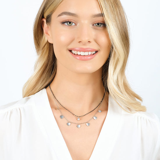 WOMEN'S STEEL NECKLACE WITH HEARTS, BLACK IP ELEMENTS AND WHITE CRYSTAL