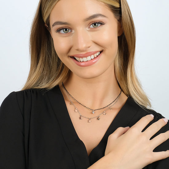 STEEL WOMEN'S NECKLACE WITH STARS, BLACK IP ELEMENTS AND WHITE CRYSTAL
