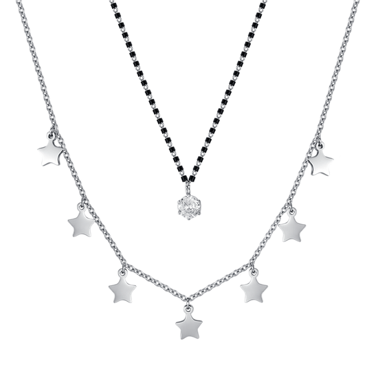 STEEL WOMEN'S NECKLACE WITH STARS, BLACK IP ELEMENTS AND WHITE CRYSTAL