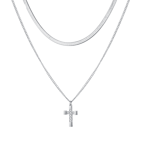 WOMEN'S STEEL CROSS NECKLACE WITH WHITE CRYSTALS