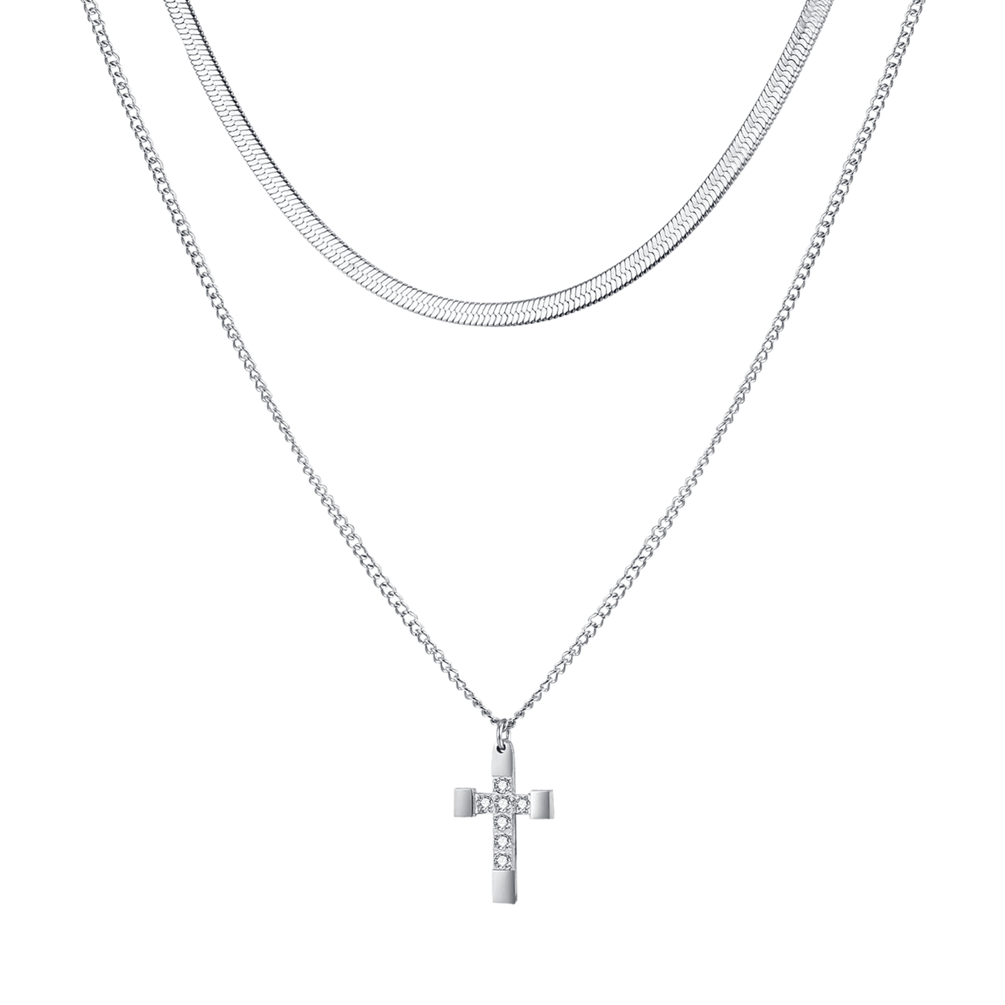 WOMEN'S STEEL CROSS NECKLACE WITH WHITE CRYSTALS