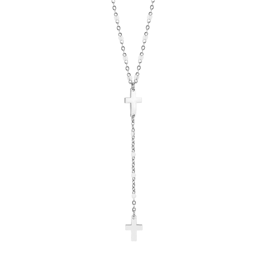 STEEL WOMEN'S ROSARY NECKLACE WITH CROSSES AND WHITE ELEMENTS