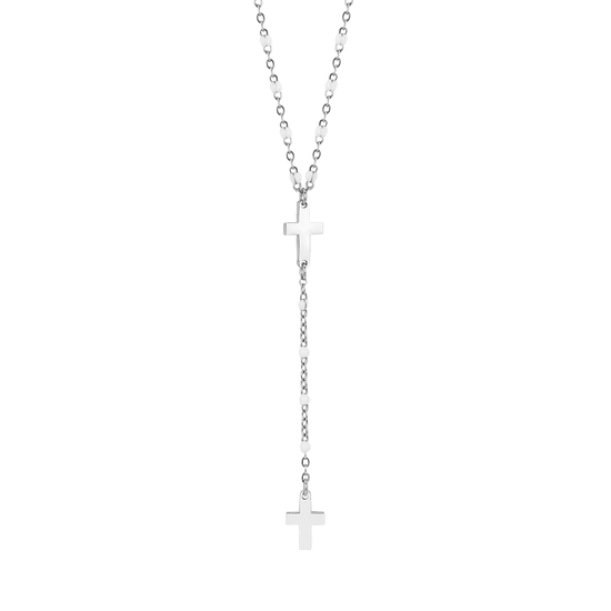 WOMAN'S ROSARY NECKLACE IN STEEL WITH CROSSES AND WHITE ELEMENTS Luca Barra