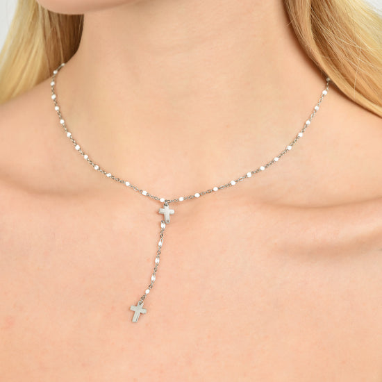 STEEL WOMEN'S ROSARY NECKLACE WITH CROSSES AND WHITE ELEMENTS