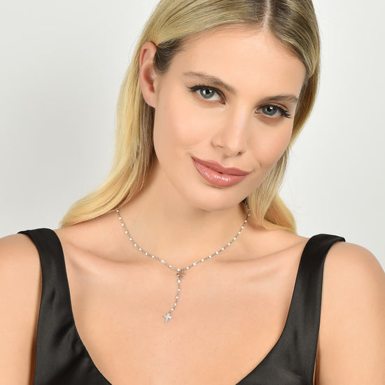 STEEL WOMEN'S ROSARY NECKLACE WITH CROSSES AND WHITE ELEMENTS