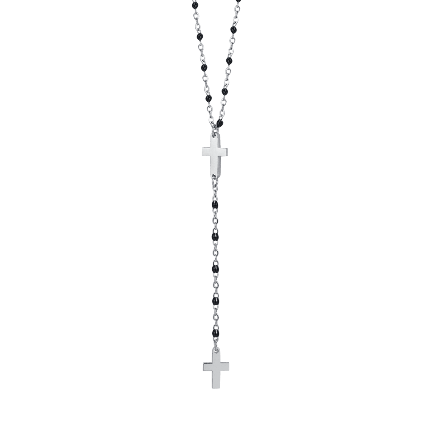 STEEL WOMEN'S ROSARY NECKLACE WITH CROSSES AND BLACK ELEMENTS