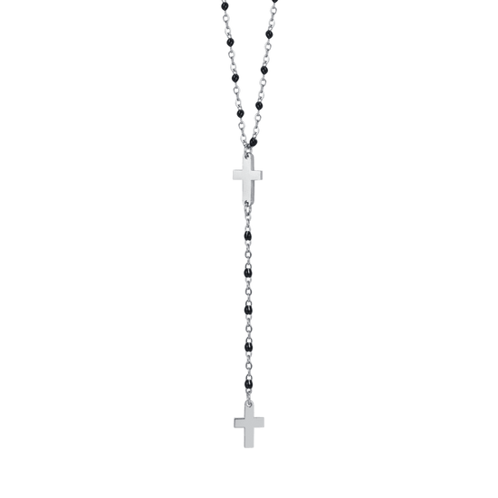 STEEL WOMEN'S ROSARY NECKLACE WITH CROSSES AND BLACK ELEMENTS