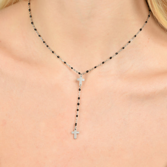 STEEL WOMEN'S ROSARY NECKLACE WITH CROSSES AND BLACK ELEMENTS