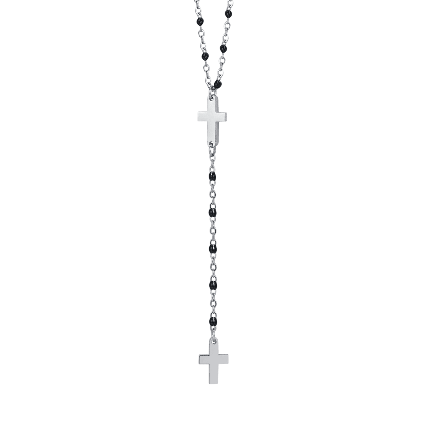 STEEL WOMEN'S ROSARY NECKLACE WITH CROSSES AND BLACK ELEMENTS